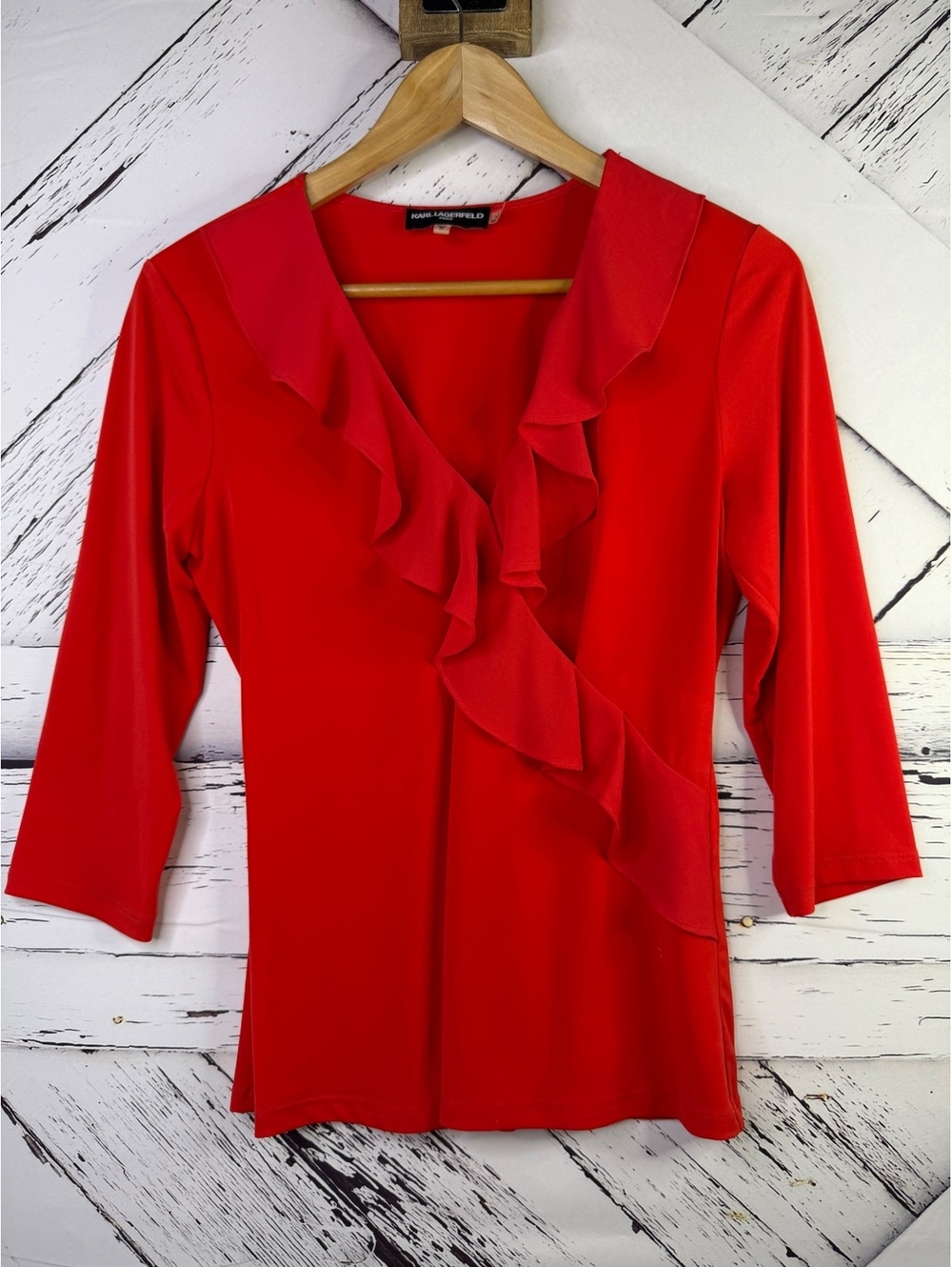 Karl Lagerfeld Paris Red Ruffle V-Neck 3/4 Sleeve Blouse Women XS